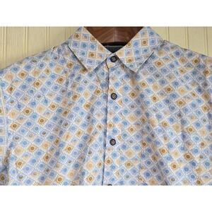 Nickel & Iron Shirt Mens Medium Blue Tan Sun Print Short Sleeve Cotton Button Up